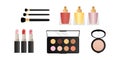 Five cosmetics flat object set. Perfect look and beauty. powder, cream, makeup tools, lipstick, brush, foundation, mascara, face