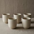 Five cream-colored ceramic cups are arranged on a fabric-covered surface. The cups Royalty Free Stock Photo