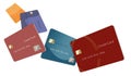 Five credit cards in various colors float through the air in this image.