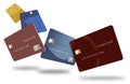 Five credit cards in various colors float through the air in this image. This is an illustration