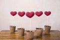 Five crocheted hearts in peat glasses