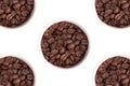 Five cups with coffee grains on a white background, cutout.