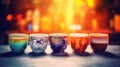 Five cups of hot coffee with a cozy blurred background Royalty Free Stock Photo