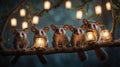 Adorable Pygmy Possums with Lanterns on a Branch at Night Royalty Free Stock Photo