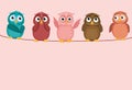 Five cute colored owlet sitting on a rope. A red hearts
