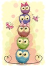 Five cute owls on a yellow background