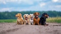 Five cute small dogs are posing on nature background. Blurred background. Pets and animals. Royalty Free Stock Photo