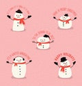 Five cute snowmen with holiday greetings in simple flat style