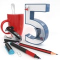 `five` 3d number with office stuff