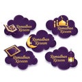 Five dark purple cloud shapes with ramadan kareem text and islamic symbols isolated on white background Royalty Free Stock Photo