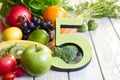 5 Five a day portion size with fresh fruits and vegetables healthy diet lifestyle concept Royalty Free Stock Photo