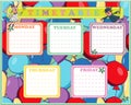 Five-day timetable on a multi-colored background with baloons for children. Vector illustration. Stickers.