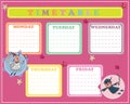 Five-day timetable on a multi-colored background with little fairy and pirate for children. Vector illustration. Stickers.