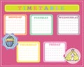 Five-day timetable on a multi-colored background with little princess, cup cake for children. Vector illustration. Stickers.