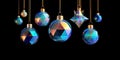 Five decorative ornaments hanging from the ceiling against a dark background with soft lighting. Royalty Free Stock Photo