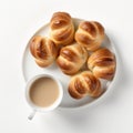 Top View Of Five Brioche With Coffee On White Background