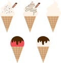 Five delicious ice cream samples. Vanilla with chocolate and waffle tube. Royalty Free Stock Photo