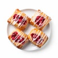 Delicious Raspberry Danish With Coffee On White Background Top View