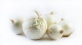 Five detailed white onions in different positions on a white background - composition