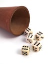 Five dice and dice box Royalty Free Stock Photo