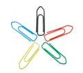 Five diferent colour paperclips on white Royalty Free Stock Photo