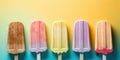 five different color and flavor popsicle against a summery gradient background