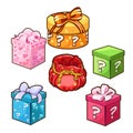 Five different color gift boxes with bows. Vector Royalty Free Stock Photo