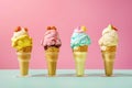 Four different flavor ice cream sundaes with waffle cone on table with pink and mint blue background. Generative AI. Royalty Free Stock Photo