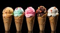 Five different Ice cream scoops on waffle cone in a row isolated on black created with Generative AI Royalty Free Stock Photo