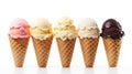 Five different Ice cream scoops on waffle cone in a row. Different flavours isolated on white created with Generative AI Royalty Free Stock Photo