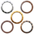 Five different round metal frames isolated on the white background
