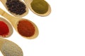 Five different spices on a white isolated background