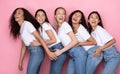 Five Diverse Women Having Fun Laughing Posing Over Pink Background