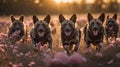 A Pack of African Wild Dogs Running Through a Field of Pink Flowers at Sunset Royalty Free Stock Photo