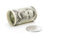 Five dollar bill and silver coin Royalty Free Stock Photo