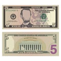 Five dollar bill, 5 US dollars banknote, from obverse and reverse. Simplified vector illustration of USD on a white background