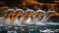 Five Dolphins Leaping in Synchronicity: A Captivating Aquatic Ballet