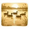 Five Ducks Swimming at Sunset on Calm Lake Royalty Free Stock Photo