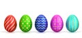 Five easter eggs with different colors and gold pattern