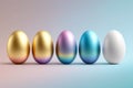 Five Easter Eggs on a gradient background. Four colored Easter Eggs with gold and a white one in a row.