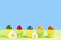 Five eggcups with colorful eggs