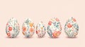 Five eggs with watercolor floral patterns, soft gradient background Royalty Free Stock Photo
