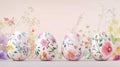 Five eggs with watercolor floral patterns, soft gradient background Royalty Free Stock Photo