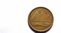 five Egyptian piasters coin 1984 (obverse side), old Egyptian money of 5 piasters coin with slogan of pyramids