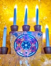 The five electric candles and the Stad of David in Kazinczy Street Synagogue in Budapest, Hungary Royalty Free Stock Photo
