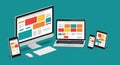 Five electronic devices displaying similar web content: a smartphone, a tablet, a