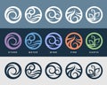 The Five elements of Ayurveda with ether, water, wind, fire and earth Abstract circle and curve line art symbol collection vector