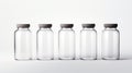 Five empty capsule bottles isolated on white created with Generative AI. Made of glass. Royalty Free Stock Photo