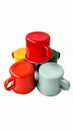 Five enameled cups in orange, red, yellow, turquoise and green colors on a white background.