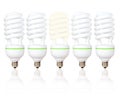 Five energy saving light bulbs with green lines